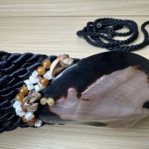 Vintage Statement Shell Braided Belt Womens Waist 80s 90s Boho Black Beaded - Picture 2 of 15